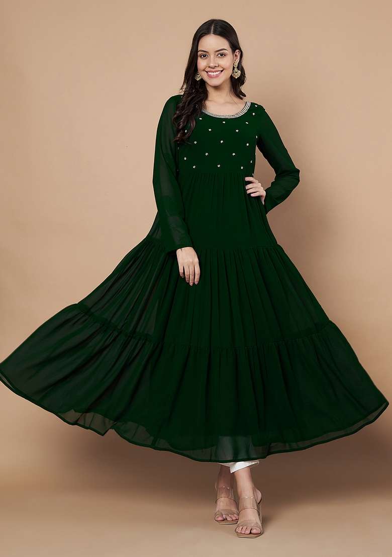 Green Embellished Cotton Anarkali - Indya