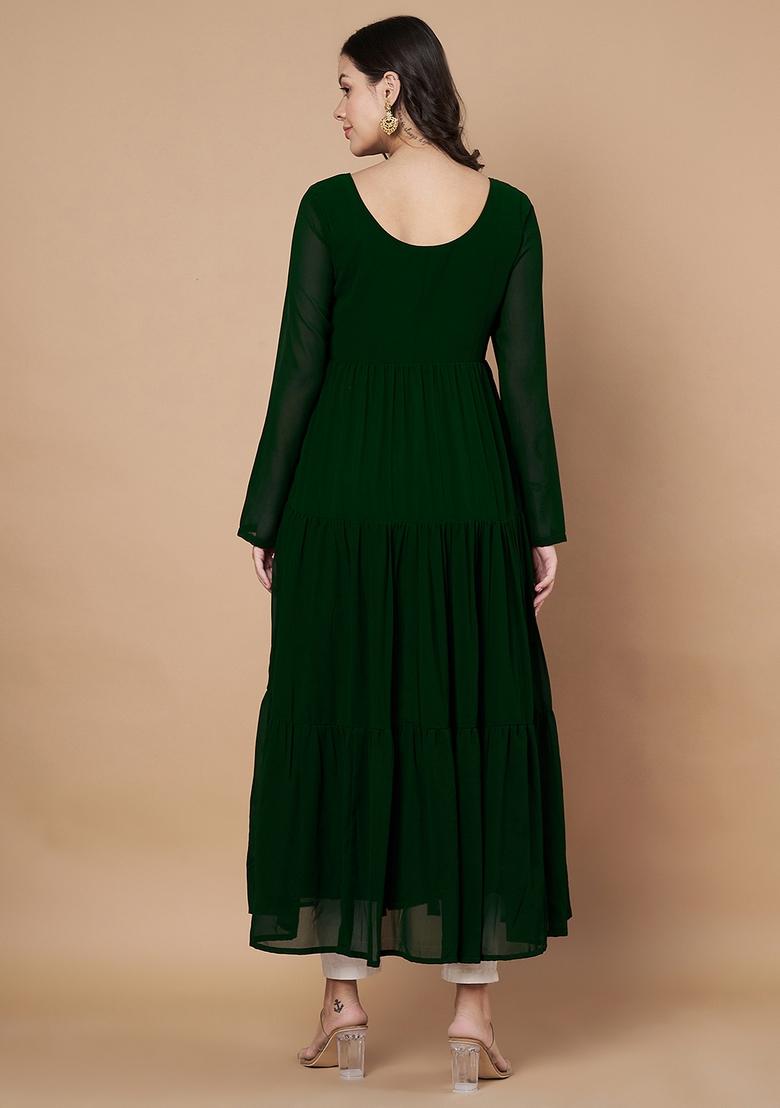 Green Embroidery Cotton Anarkali - Indya