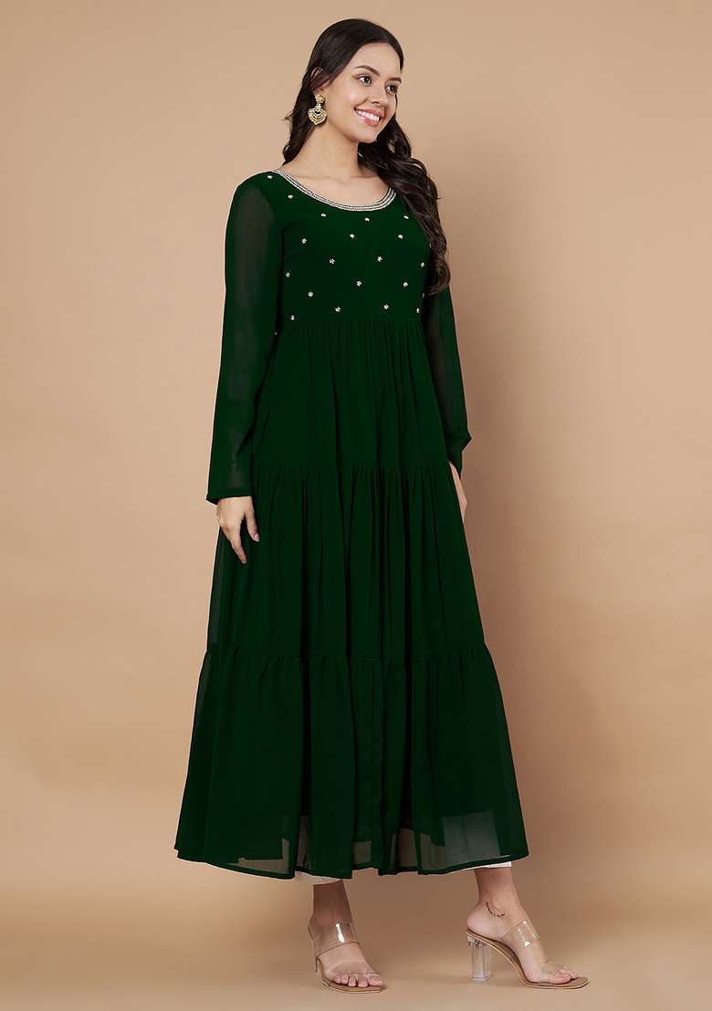 Green Embellished Cotton Anarkali - Indya