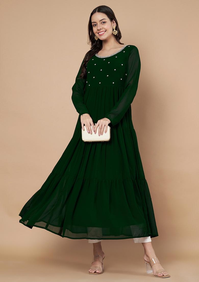 Green Embroidery Cotton Anarkali - Indya