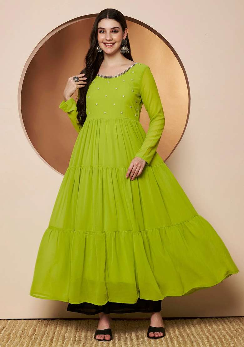 Lime-Green Solid Cotton Kurta - Indya