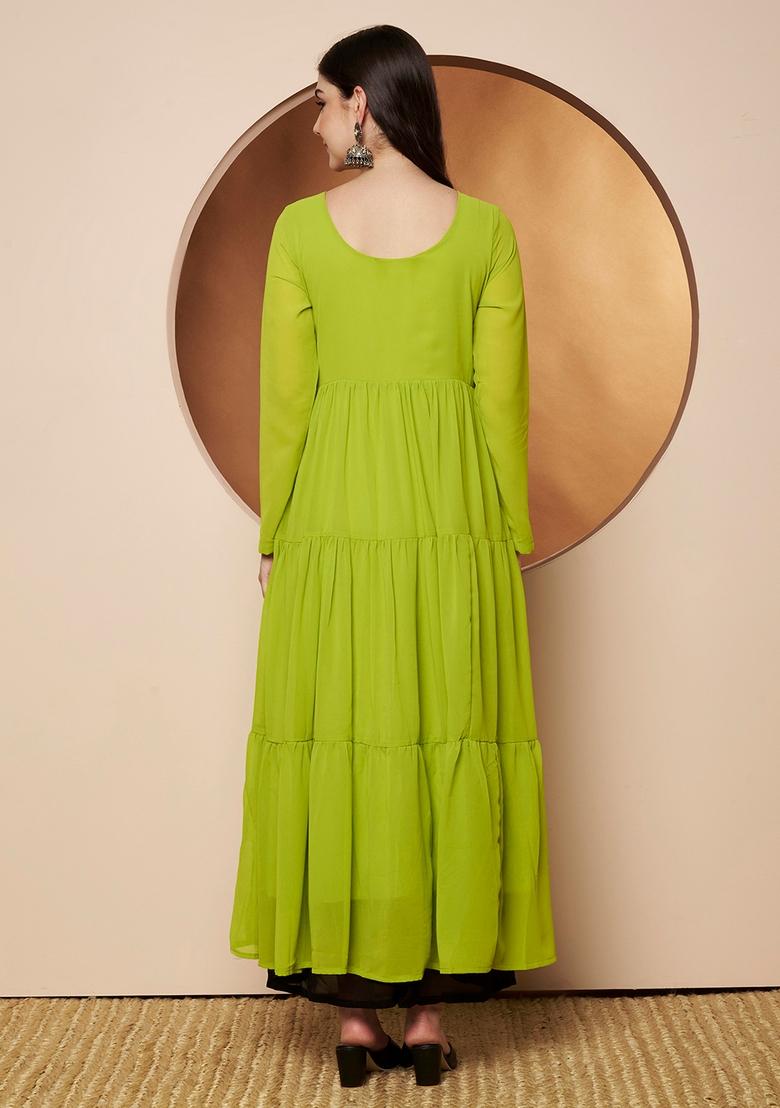 Lime-Green Embroidery Cotton Anarkali - Indya