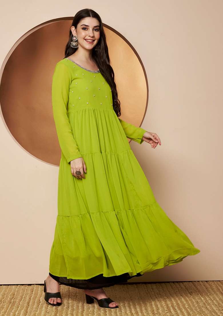Lime-Green Solid Cotton Kurta - Indya