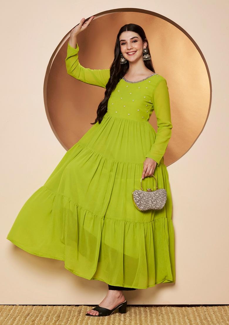Lime-Green Embroidery Cotton Anarkali - Indya