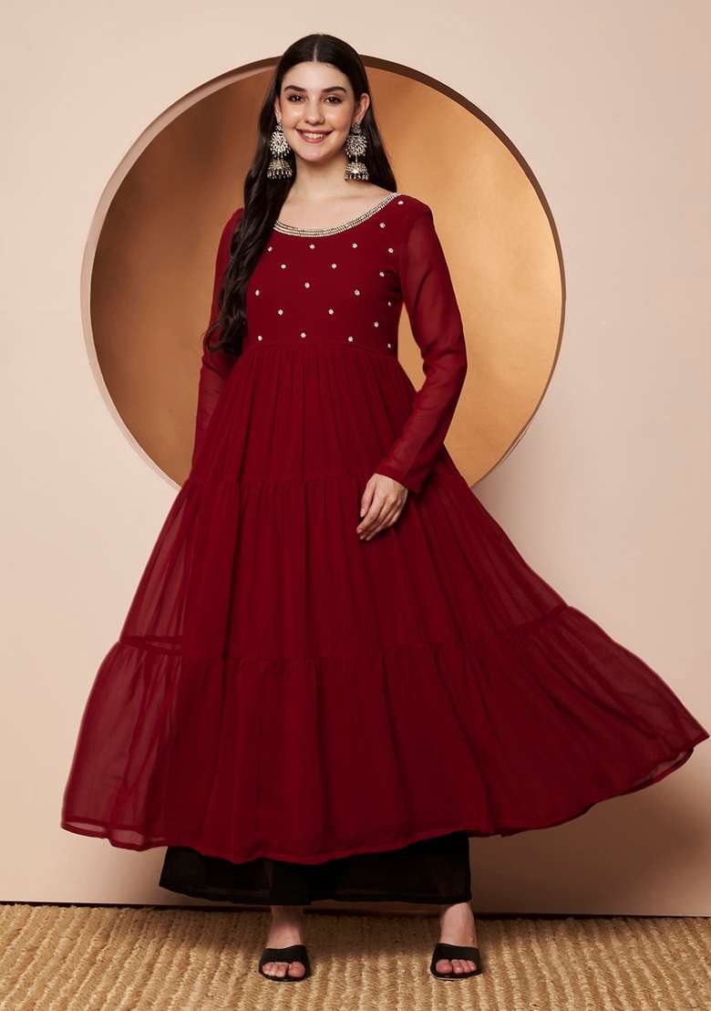 Maroon Embellished Cotton Kurta - Indya