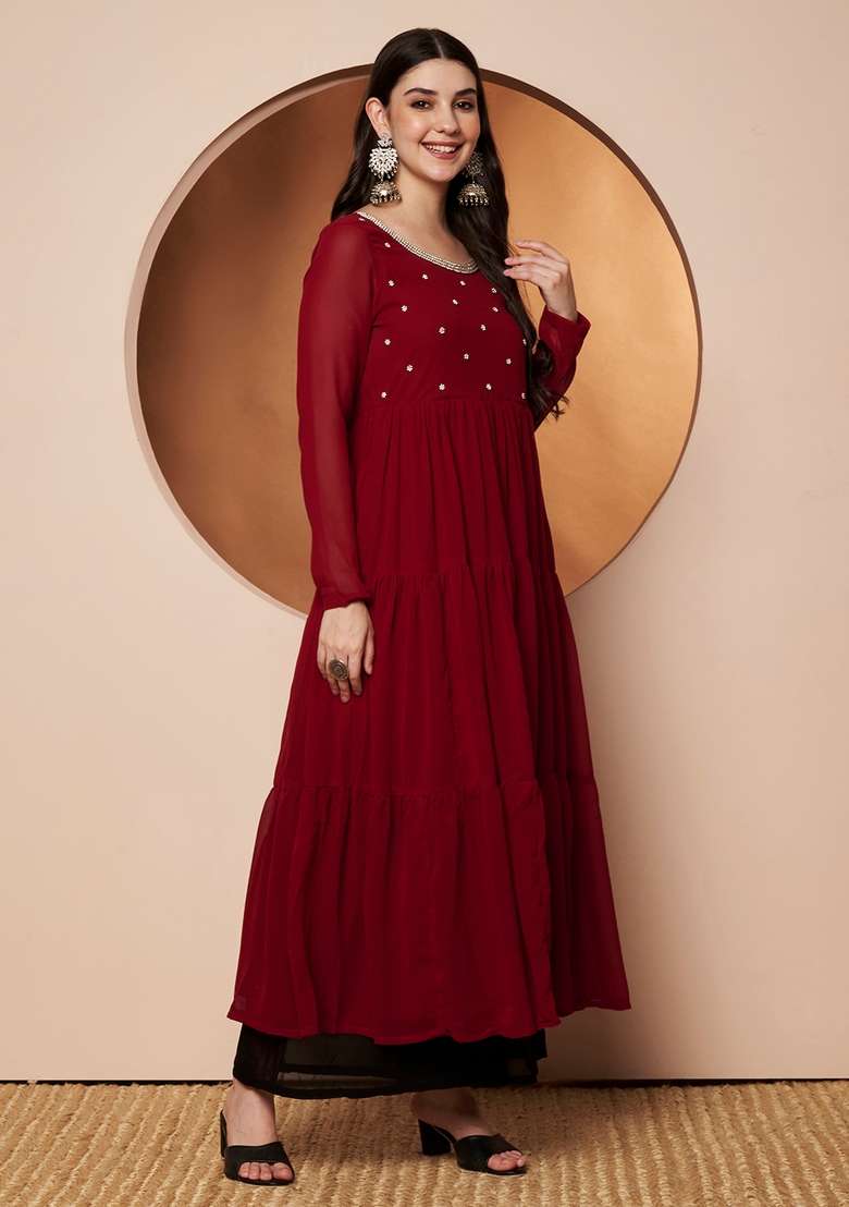 Maroon Embellished Cotton Kurta - Indya