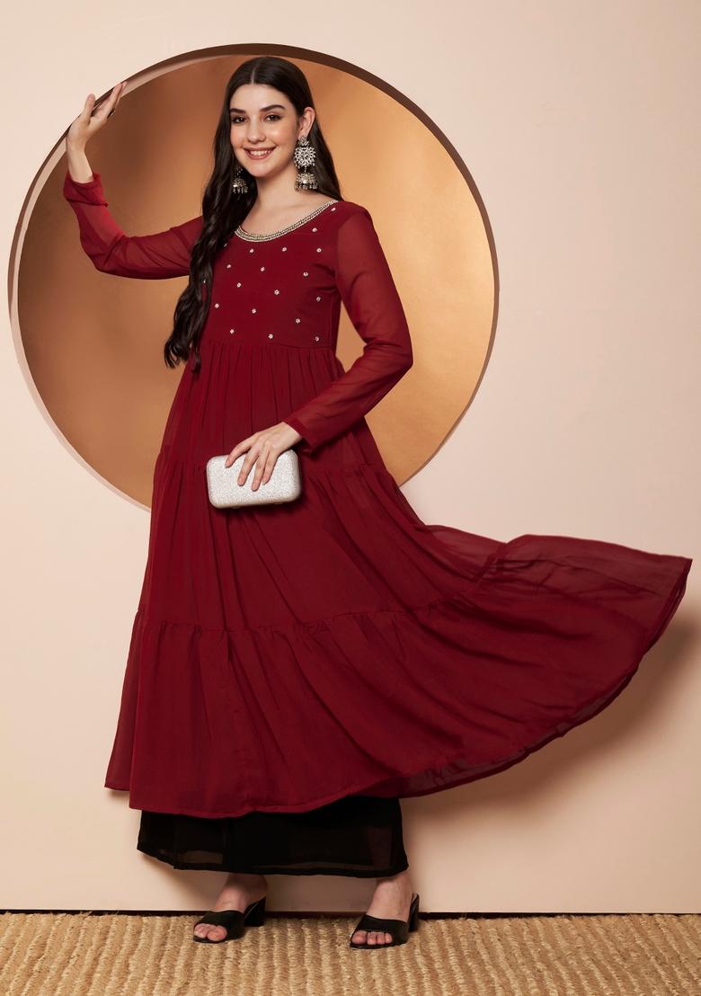 Maroon Embroidery Cotton Anarkali - Indya