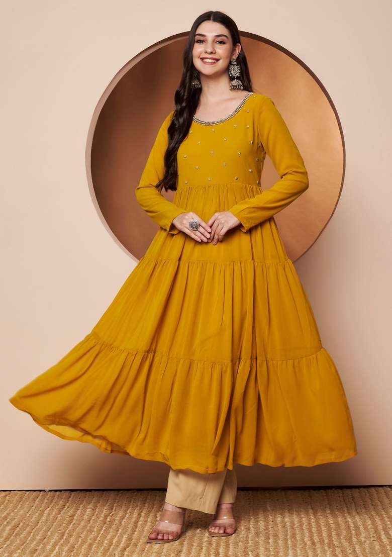 Mustard Solid Cotton Anarkali - Indya