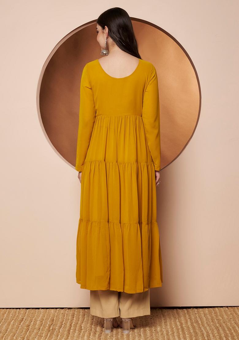 Mustard Embroidery Cotton Anarkali - Indya