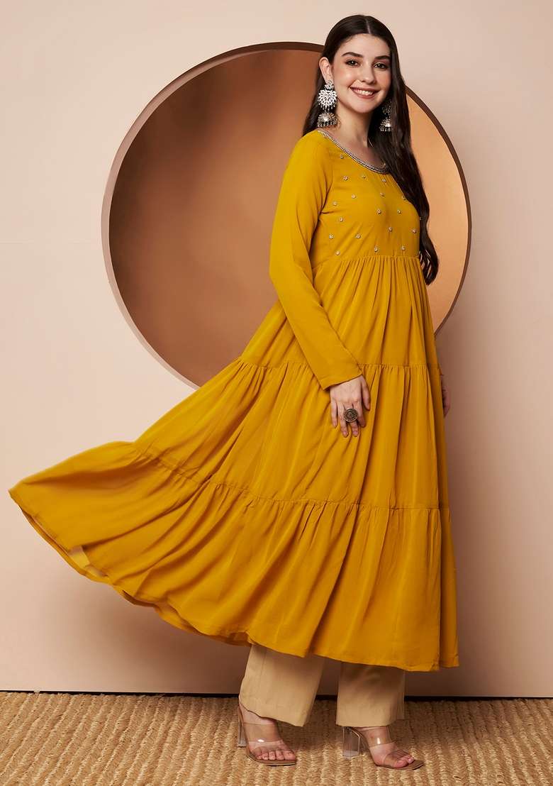 Mustard Solid Cotton Anarkali - Indya