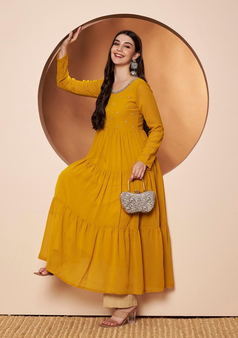 Mustard Embroidery Cotton Anarkali - Indya