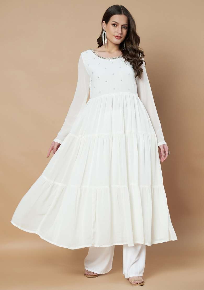 Off White Embellished Cotton Anarkali - Indya
