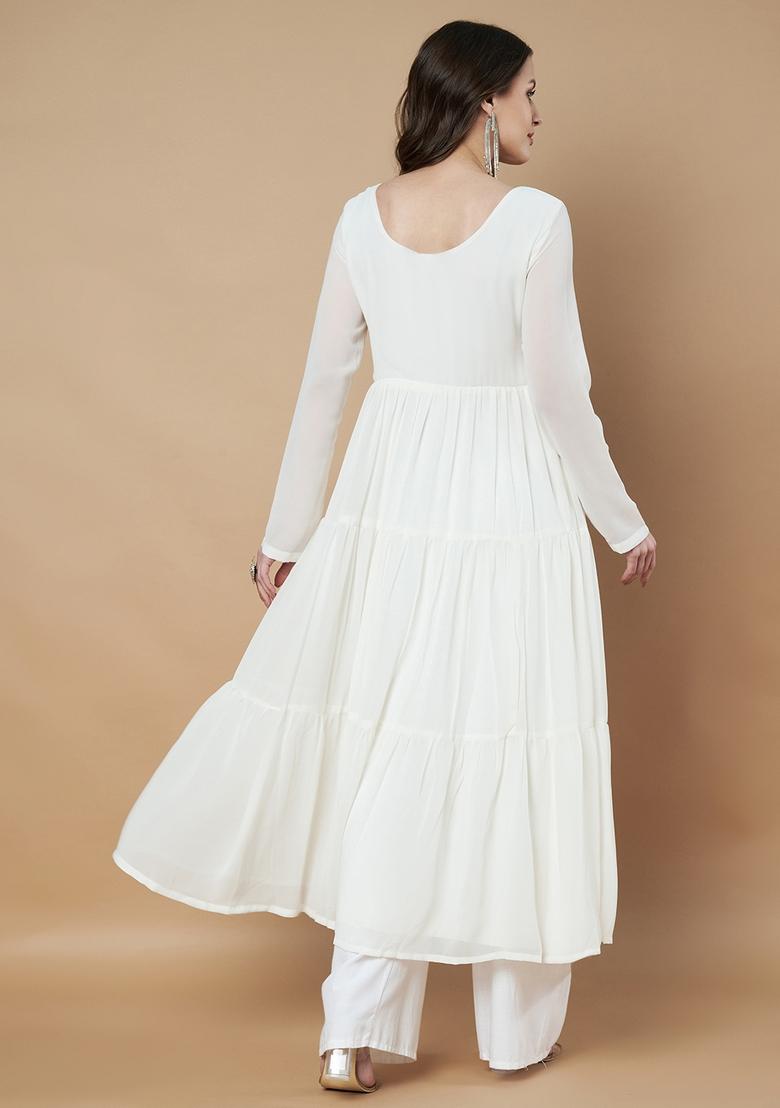 Off White Embroidery Cotton Anarkali - Indya