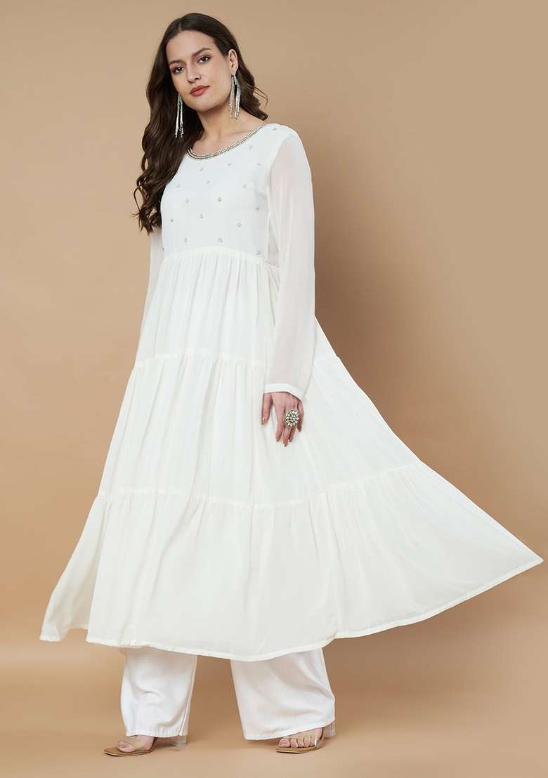 Off White Embellished Cotton Anarkali - Indya