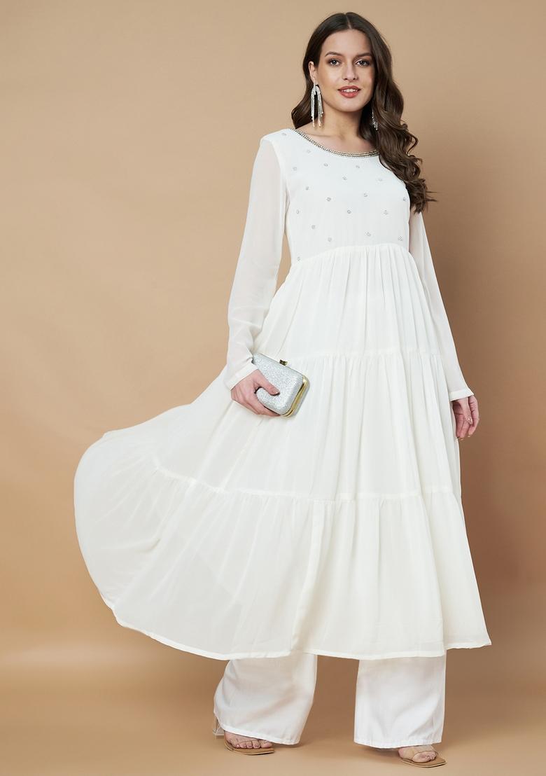 Off White Embroidery Cotton Anarkali - Indya