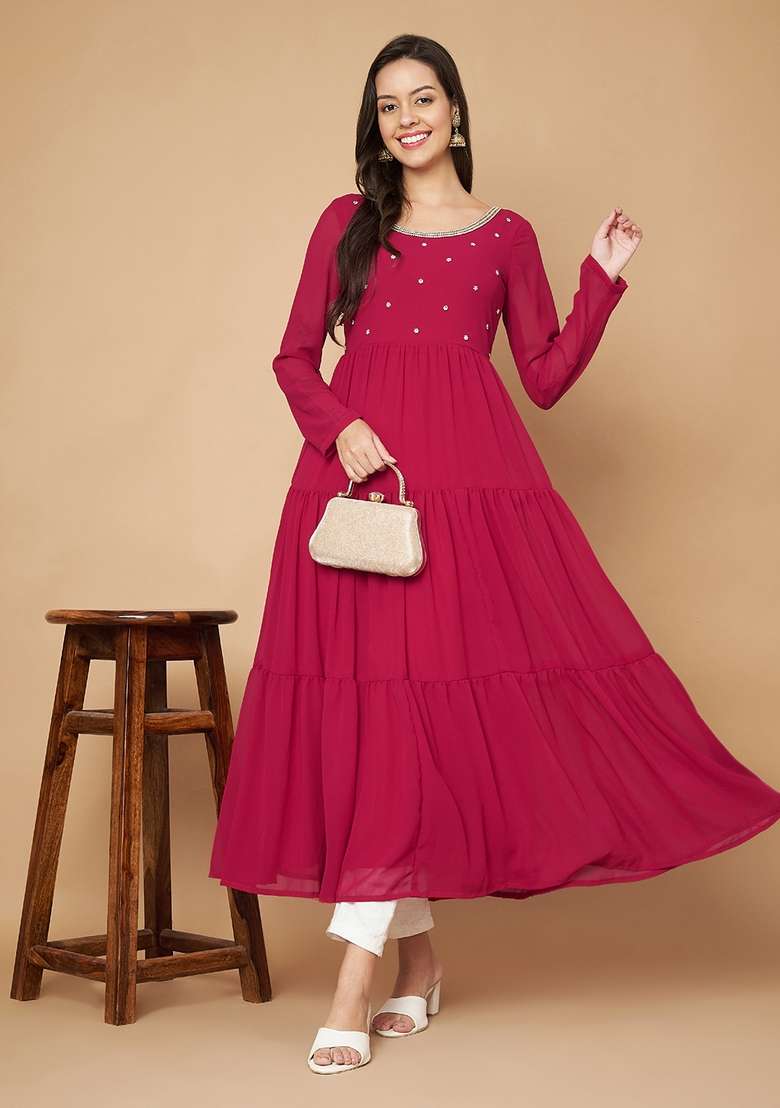 Pink Embellished Cotton Kurta - Indya