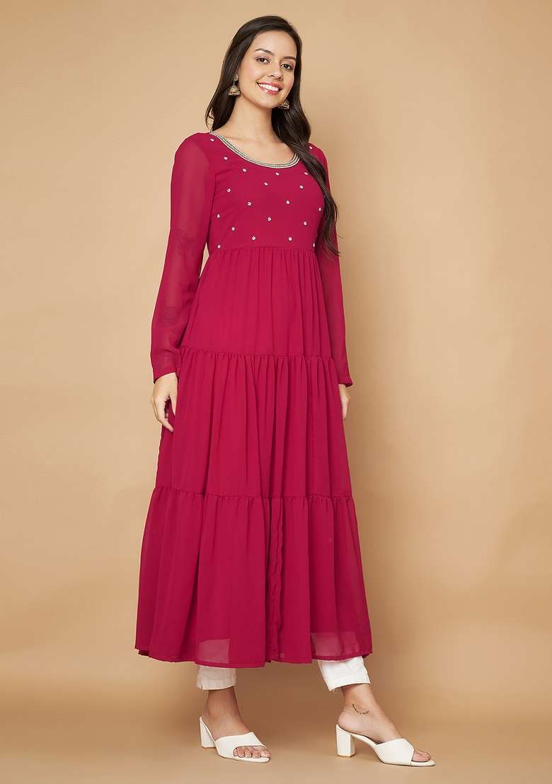 Pink Embellished Cotton Kurta - Indya