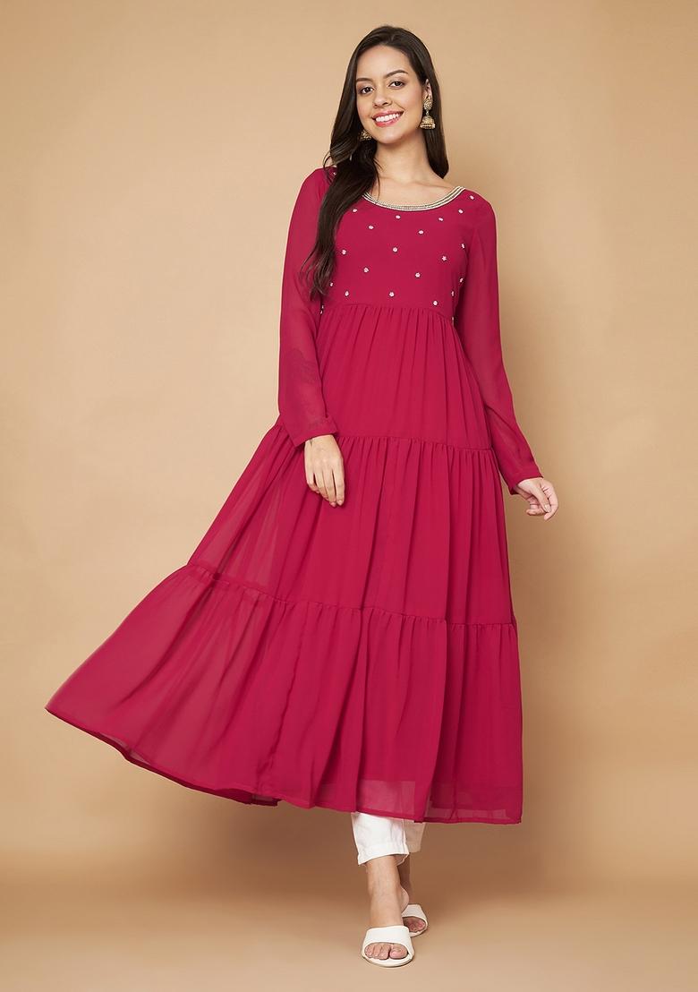 Pink Embroidery Cotton Anarkali - Indya