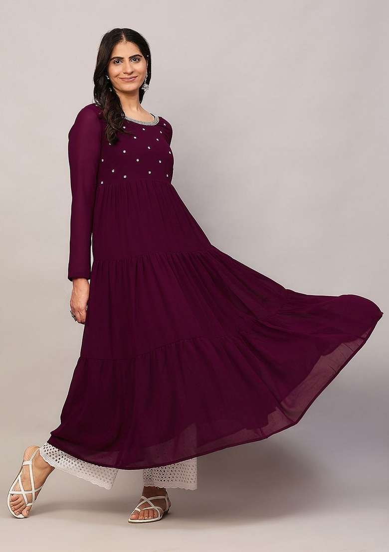Purple Embellished Cotton Anarkali - Indya