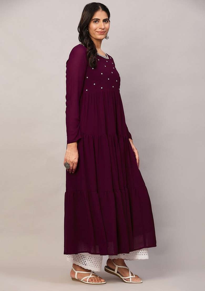 Purple Embellished Cotton Anarkali - Indya