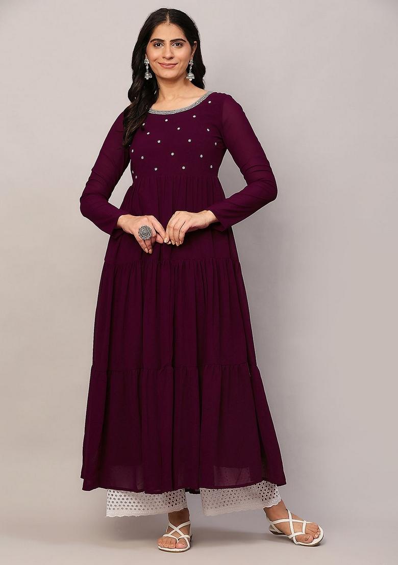 Purple Embroidery Cotton Anarkali - Indya