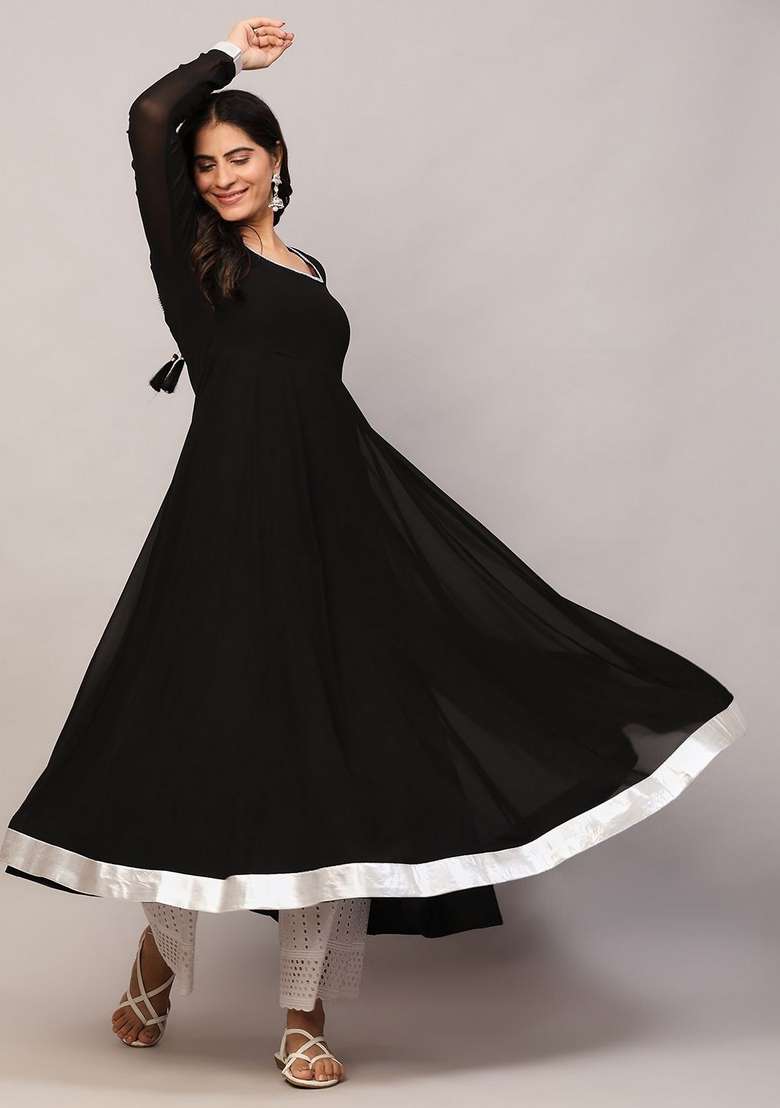 Black Embroidery Cotton Anarkali - Indya