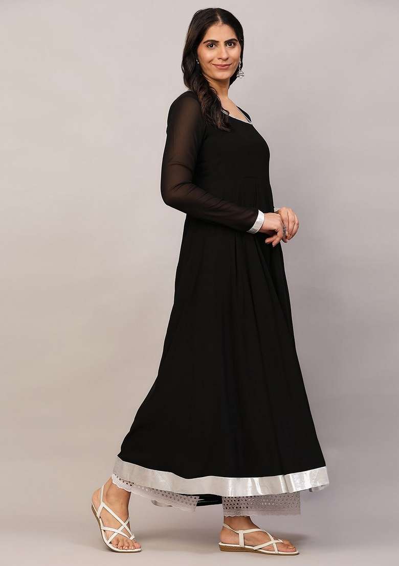 Black Embroidery Cotton Anarkali - Indya