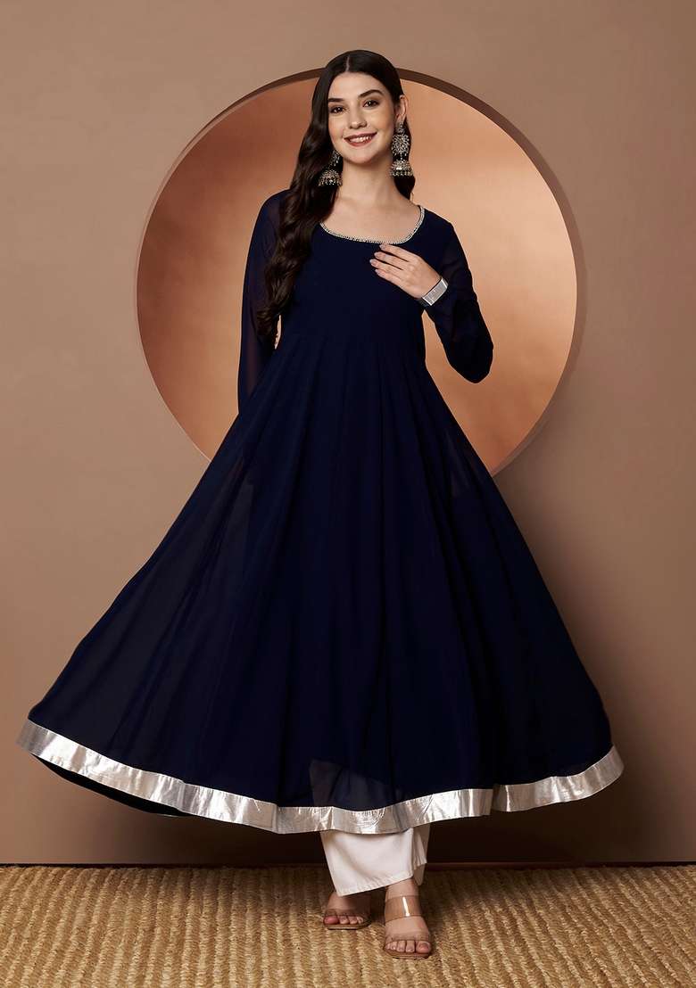 Blue Solid Cotton Anarkali - Indya