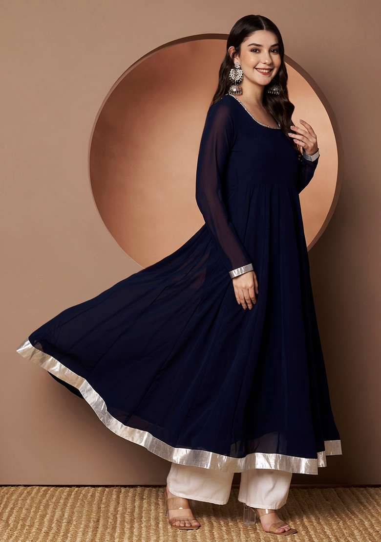 Blue Solid Cotton Anarkali - Indya