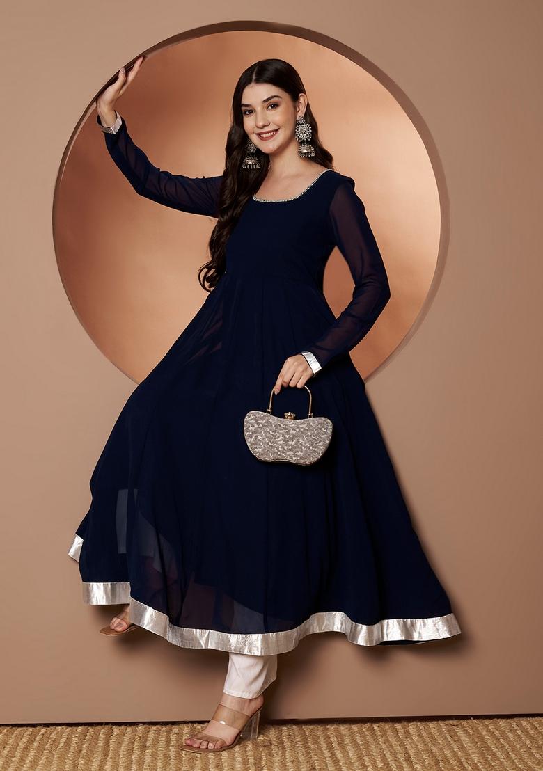 Blue Embroidery Cotton Anarkali - Indya