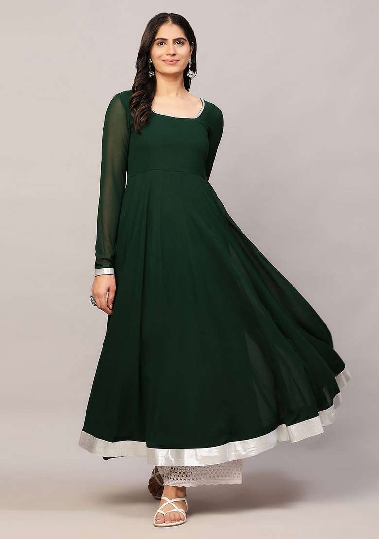Green Solid Cotton Anarkali - Indya