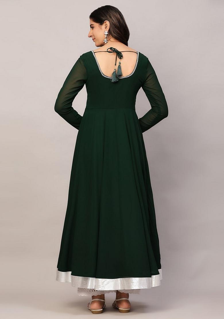 Green Embroidery Cotton Anarkali - Indya
