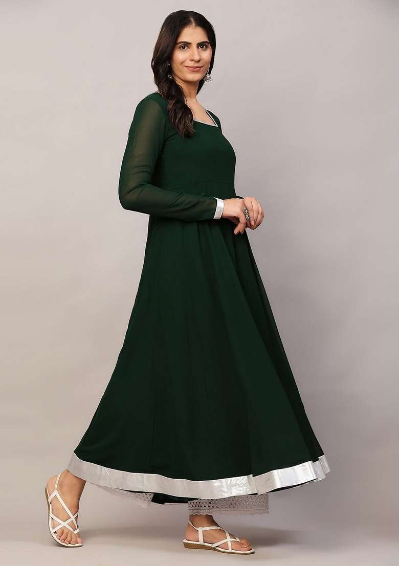 Green Solid Cotton Anarkali - Indya