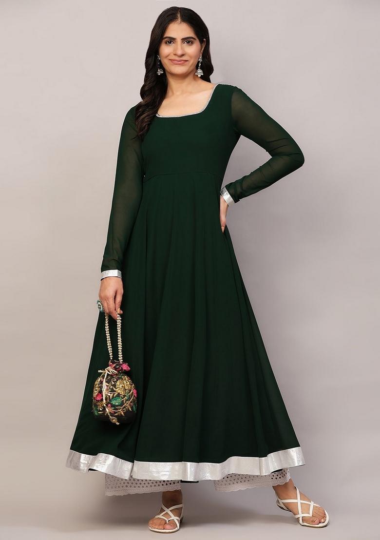 Green Embroidery Cotton Anarkali - Indya