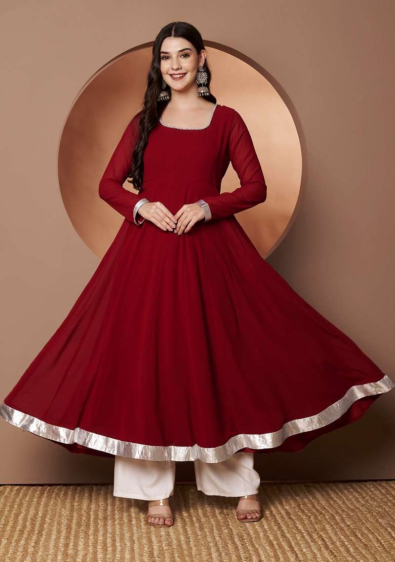 Maroon Solid Cotton Anarkali - Indya