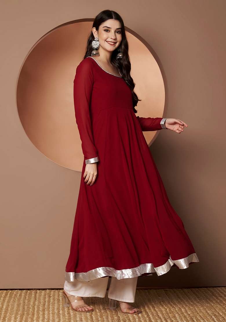 Maroon Solid Cotton Anarkali - Indya