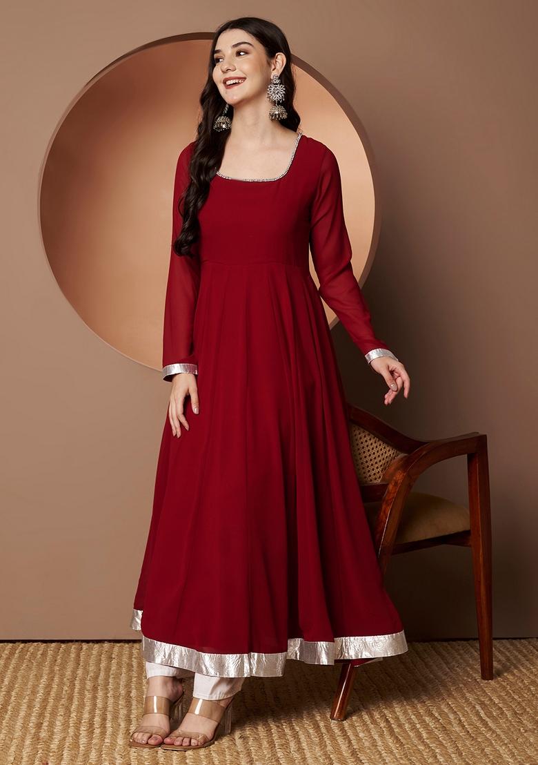 Maroon Embroidery Cotton Anarkali - Indya
