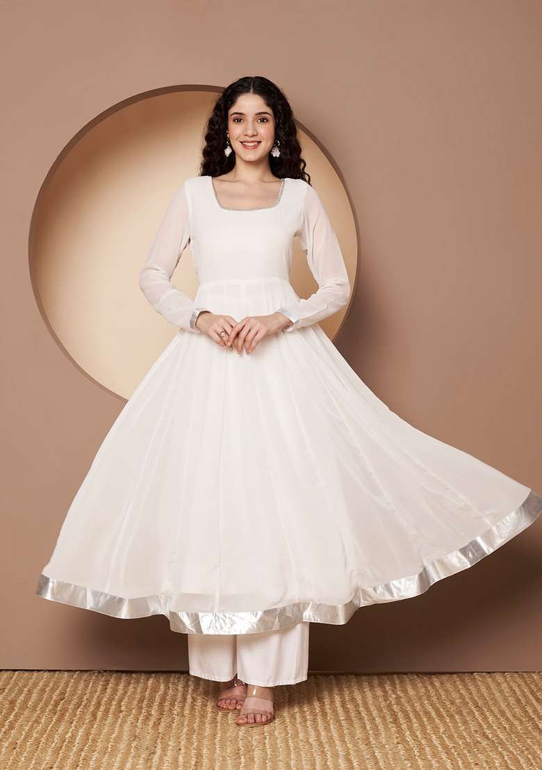 Off White Solid Cotton Anarkali - Indya