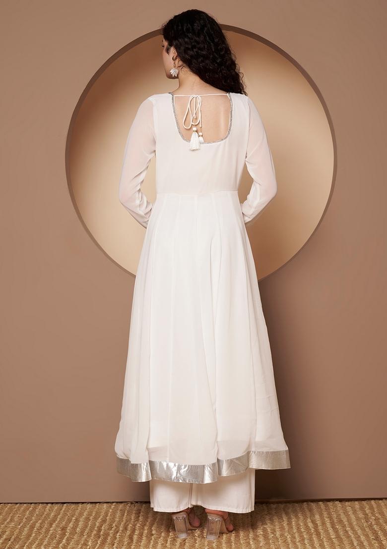 Off White Embroidery Cotton Anarkali - Indya