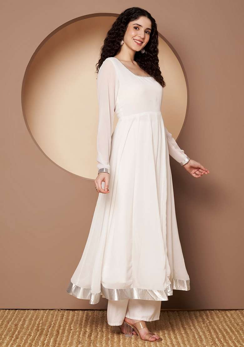 Off White Solid Cotton Anarkali - Indya