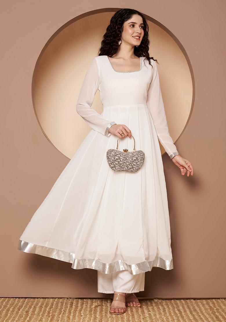 Off White Embroidery Cotton Anarkali - Indya