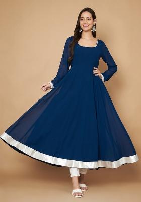 Teal Blue Embroidery Cotton Anarkali