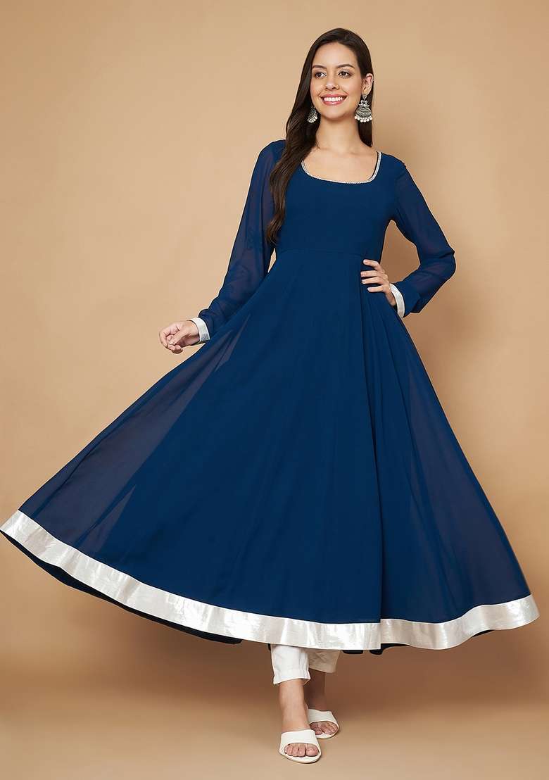Teal Blue Solid Cotton Anarkali - Indya
