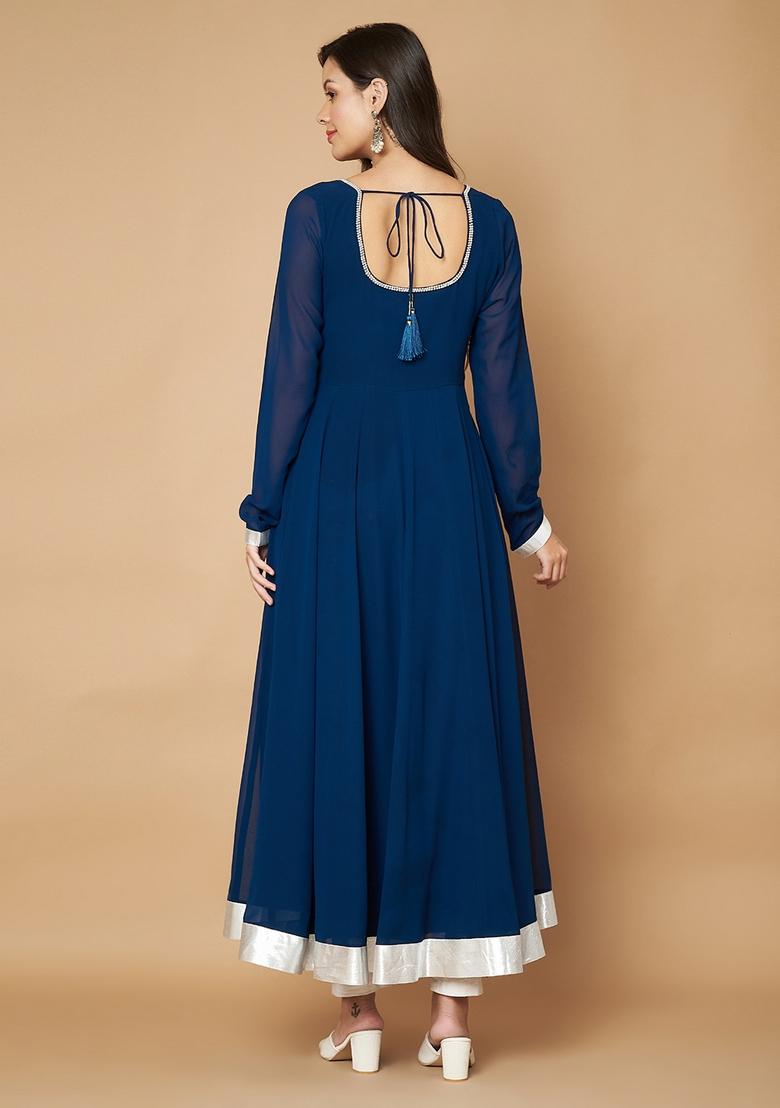 Teal Blue Embroidery Cotton Anarkali - Indya