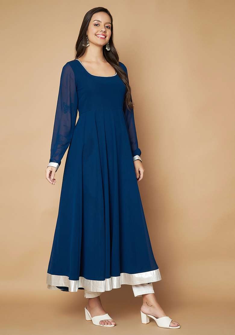 Teal Blue Solid Cotton Anarkali - Indya