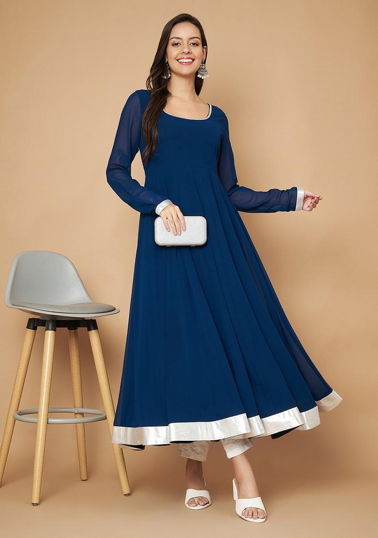 Teal Blue Embroidery Cotton Anarkali - Indya