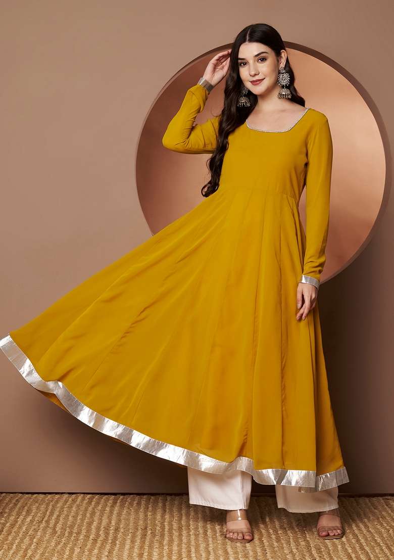 Yellow Solid Cotton Anarkali - Indya