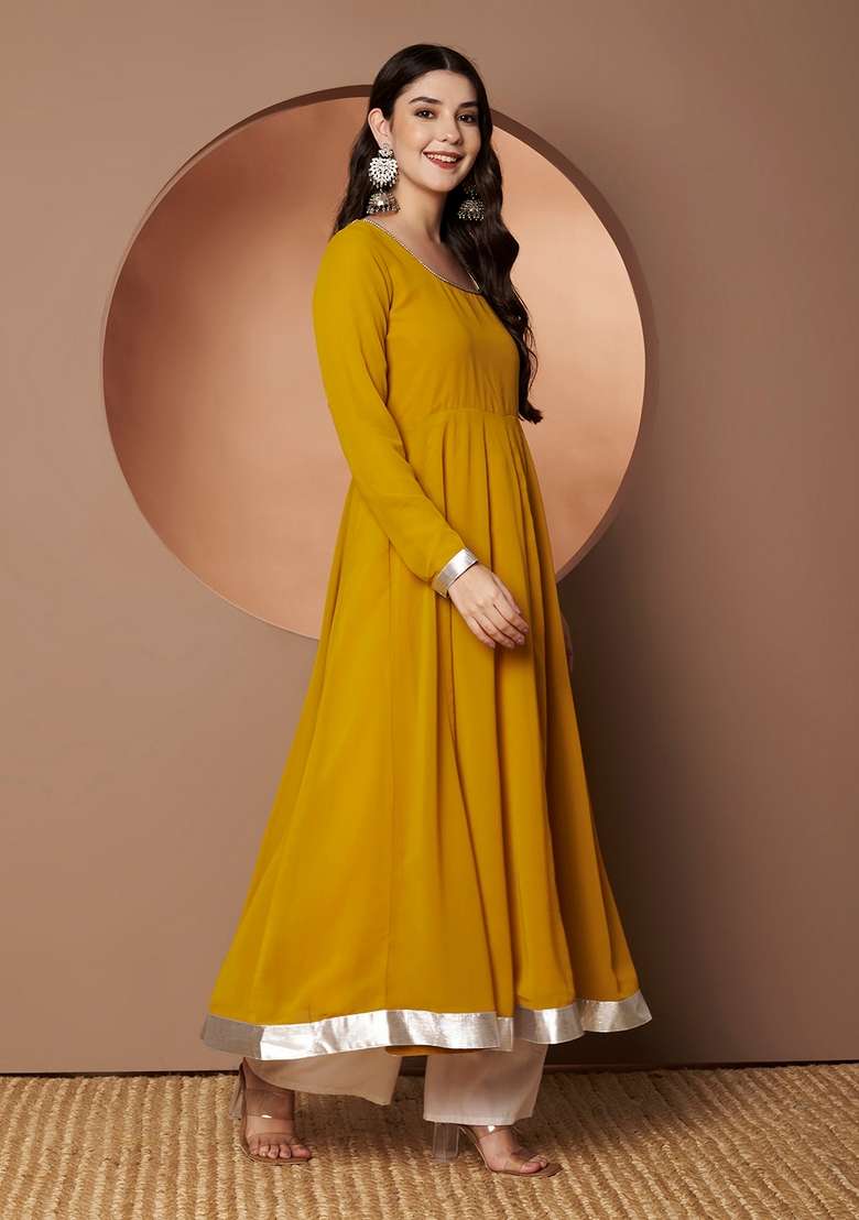 Yellow Solid Cotton Anarkali - Indya