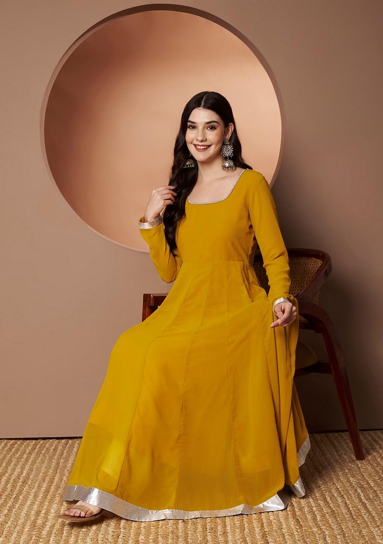 Yellow Embroidery Cotton Anarkali - Indya