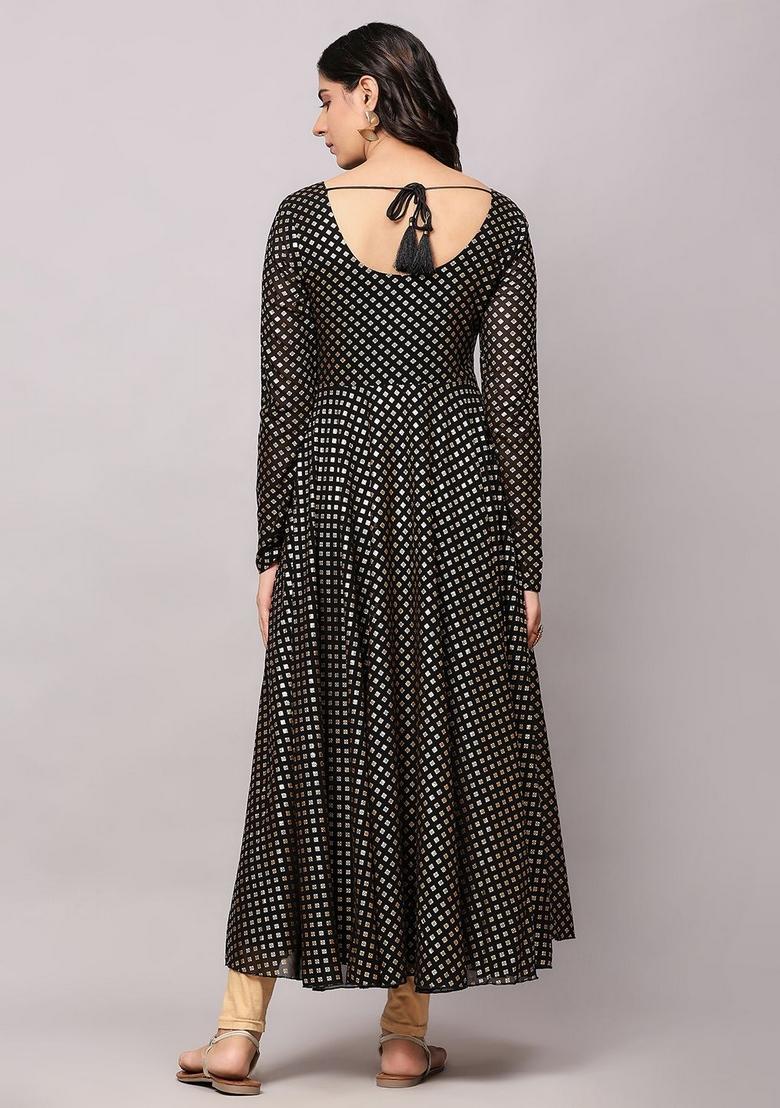Black Embroidery Cotton Anarkali - Indya